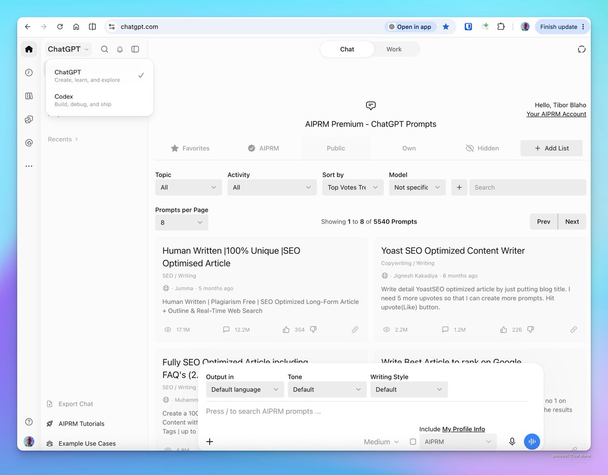 Merged ChatGPT and Codex web interface screenshot with tabs for Chat, Codex, History, and Settings