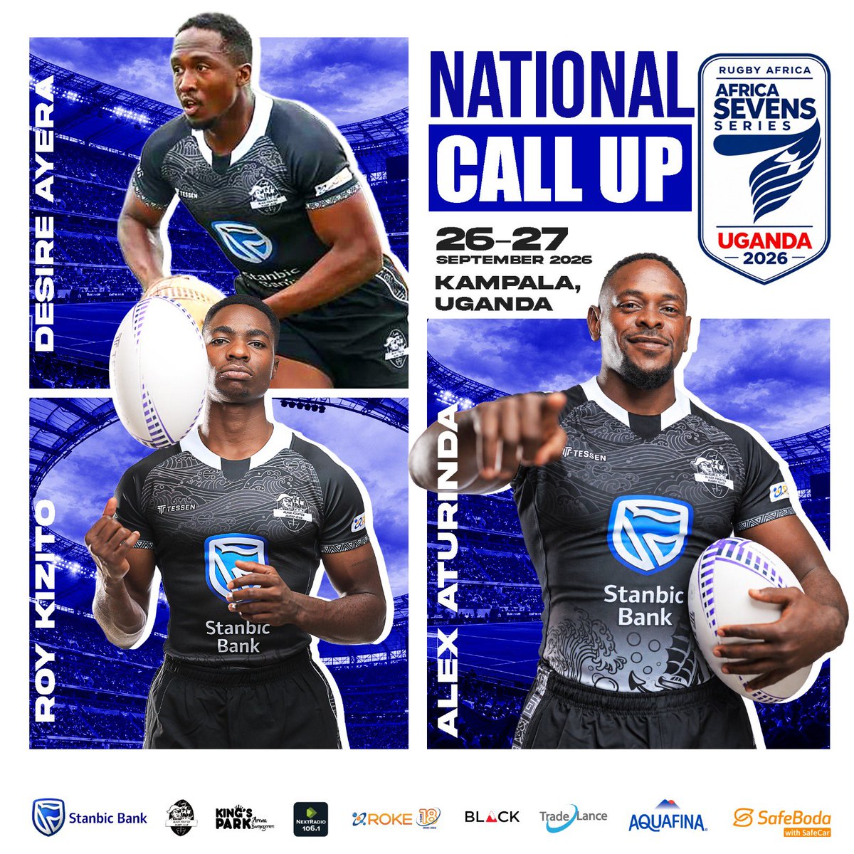 piratesrugbyUG's tweet photo. Congratulations and good luck to our three sea robbers who will be representing the country with @Uganda_Sevens this weekend at Kyadondo.

▪️ Desire Ayera 
▪️ Roy Kizito
▪️ Alex Aturinda (VC) 

COME ON YOU PIRATES 🏴‍☠️ 

#StanbicPirates ll #RokeWithPirates ll #VisitKPA ll #PiratesStrong