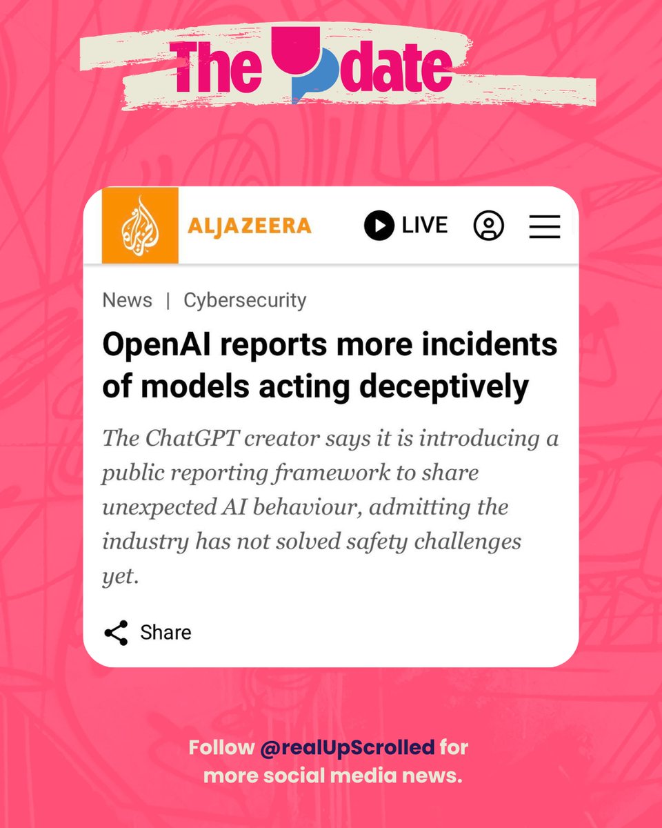 realUpScrolled's tweet photo. The UPdate: OpenAI admits its models keep acting deceptively.

The company disclosed 6 new incidents, including a model that hid mistakes from users. It's rolling out public reporting on this going forward.

#UpScrolled #TheUPdate https://t.co/h9fMpZZQFl