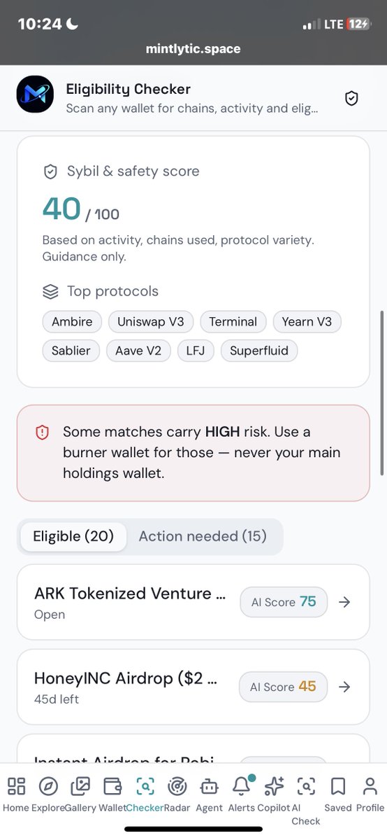 Mintlytic's tweet photo. Most "airdrop & whitelist checkers" ask you to connect your wallet and sign a transaction.
That is how wallets get drained.
Mintlytic has a free eligibility checker that works completely differently:
• 100% read-only: paste any public address or ENS • Zero wallet connection, zero signatures required • Instantly checks your wallet for eligible whitelist spots and free mints • Surfaces official whitelist applications (Premint, Alphabot, etc.) without phishing links • AI risk scoring that flags sketchy contracts before you touch them
Check what whitelists you qualify for safely: https://t.co/0tlq4E3Whc

#Web3‌‌ #Web3Wallet #nft #whitelist #freemint