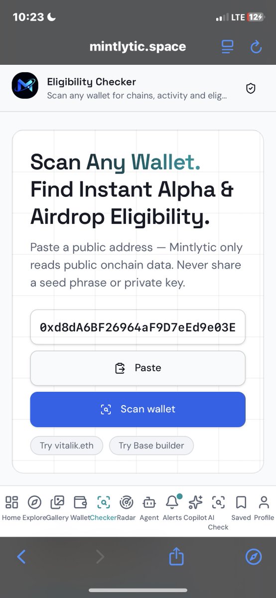 Mintlytic's tweet photo. Most "airdrop & whitelist checkers" ask you to connect your wallet and sign a transaction.
That is how wallets get drained.
Mintlytic has a free eligibility checker that works completely differently:
• 100% read-only: paste any public address or ENS • Zero wallet connection, zero signatures required • Instantly checks your wallet for eligible whitelist spots and free mints • Surfaces official whitelist applications (Premint, Alphabot, etc.) without phishing links • AI risk scoring that flags sketchy contracts before you touch them
Check what whitelists you qualify for safely: https://t.co/0tlq4E3Whc

#Web3‌‌ #Web3Wallet #nft #whitelist #freemint