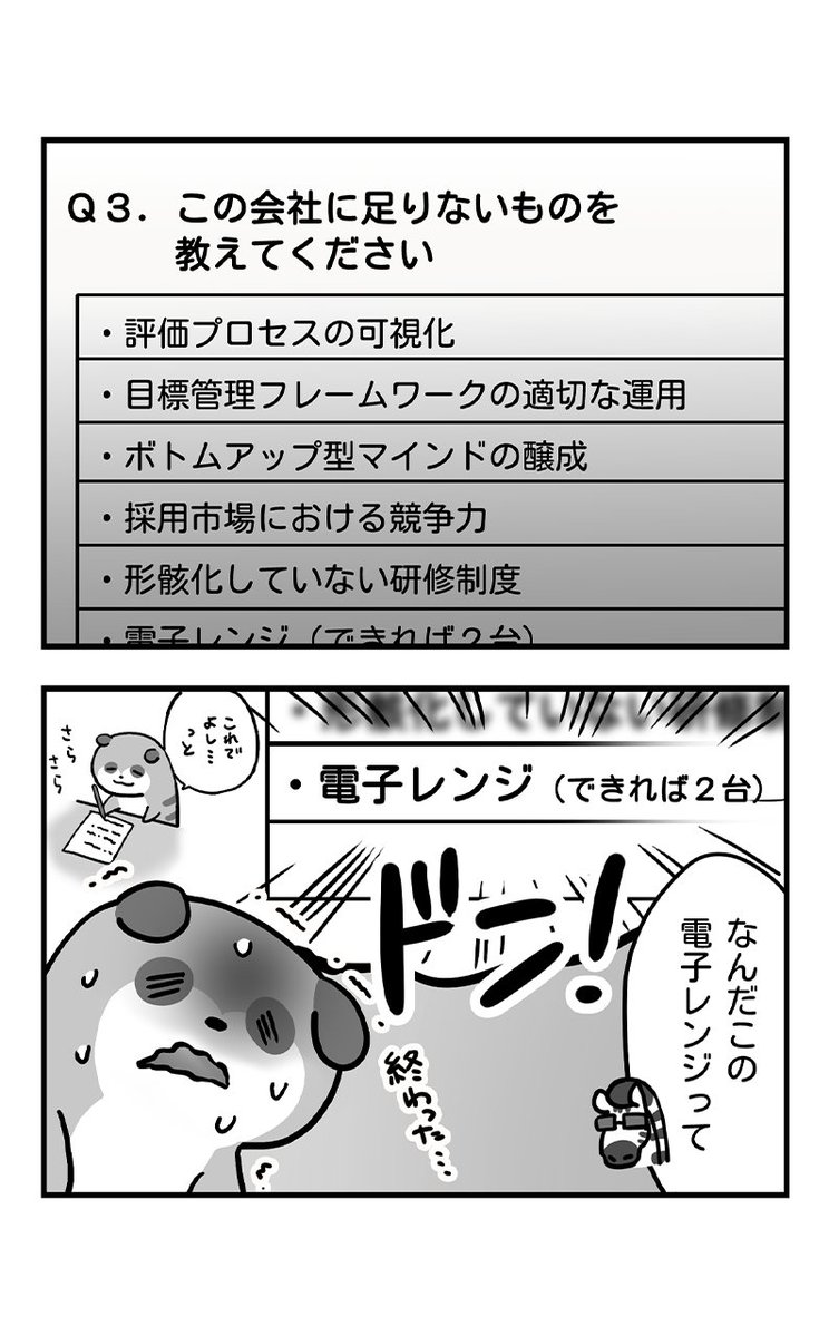 mii_stoop's tweet photo. 会社満足度アンケート結果。立派な経営課題に混ざって、自分だけ生活感丸出しの回答してた時の絶望感。

#仕事やめたい #社内アンケート #オフィス環境 #ミーはいつでも猫背 https://t.co/rOIw6cCAHa
