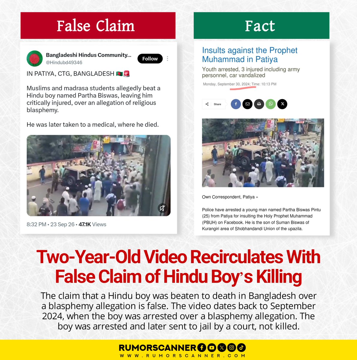 RumorScanner's tweet photo. @Hindubd49346 The claim that a Hindu boy was beaten to death in Patiya, Bangladesh, is false. https://t.co/k0HbHV9en8
