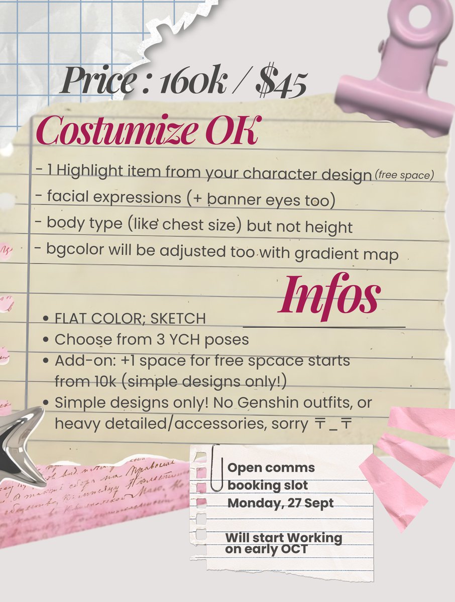 ReIN1324's tweet photo. Interest check #2

YCH character sheets sample reveal!
🏷️Rp. 160,000 / $45

Big thank you to @.stillyabe for letting me use her commission to experiment with my new menu! ^o^

comms will open at 27th sept for booking slot, feel free to reply if you wanna be tagged <3 https://t.co/RtlaqRA64F