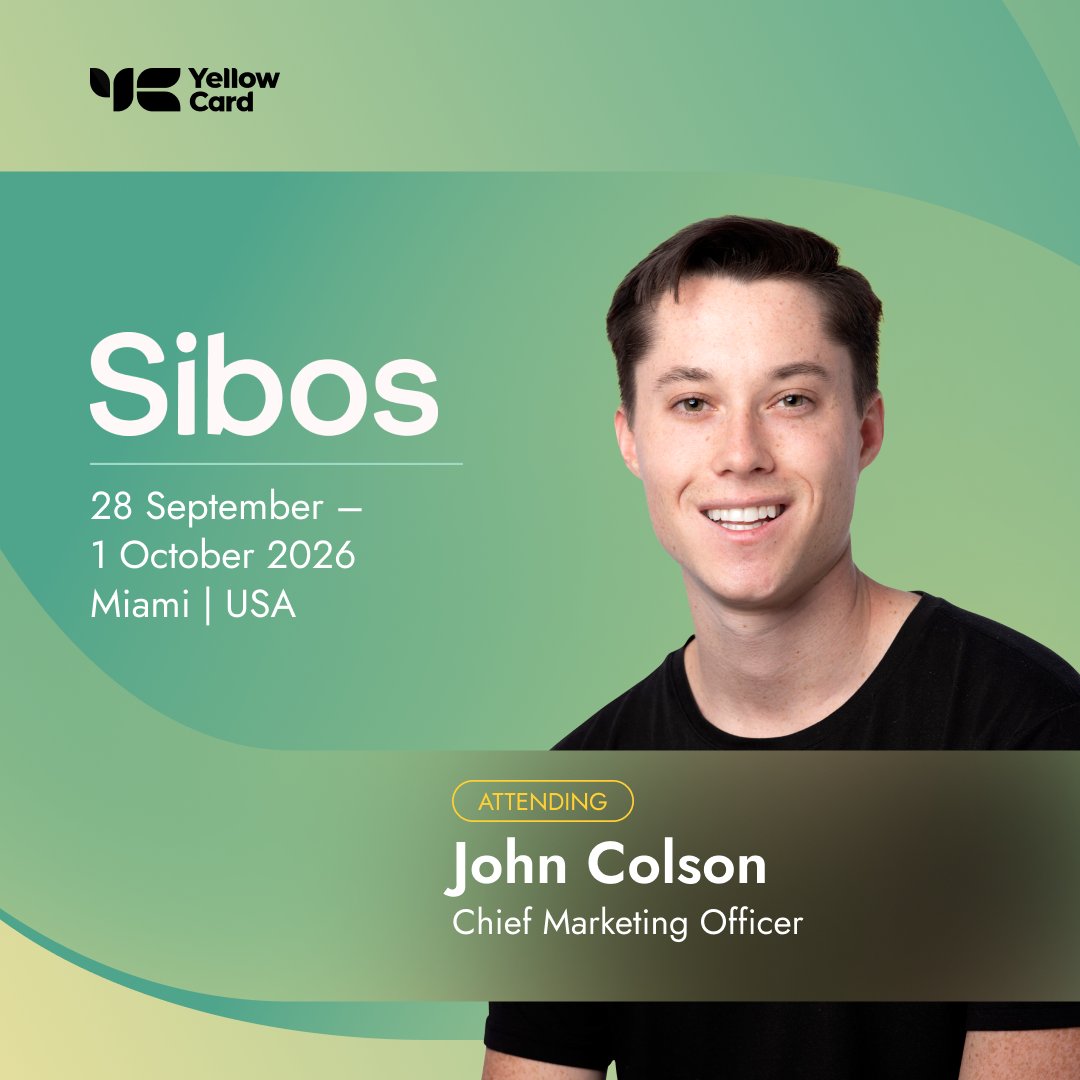 yellowcard_app's tweet photo. Yellow Card is heading to @Sibos 2026!  

Our CMO, John Colson, is in Miami for Sibos, Sept. 28- Oct. 1, talking Stablecoin rails: cross-border payments, treasury, tokenization, and how AI agents will move money. 

Connect with him if you're there. https://t.co/XOYBhbCUUr