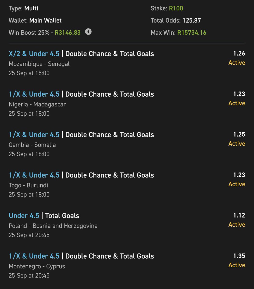 aidenchaggie's tweet photo. ๐ Mixed markets ๐๐
๐งพ Easily play on Easybet๐๐ฝ 03-332381
๐ New users: Get R50 Sign Up Bonus + 150% First Deposit Match Bonus, use Promo code CHAGGIE50
๐Get a guaranteed reward every Saturday regardless of the outcome.
18+ T&Cs apply
#YellowNation
#YellowArmy https://t.co/JZP9GNjGws