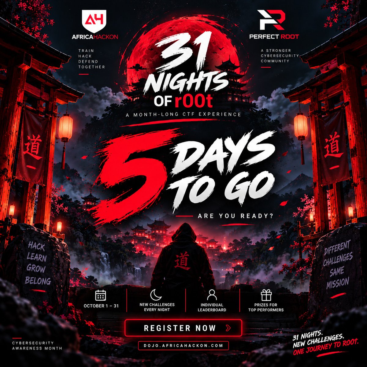 perfectrootdojo's tweet photo. 🥷 5 DAYS TO GO.
31 Nights of r00t begins October 1st. New challenges every night, Web, Pwn, Forensics, OSINT, Steg, Crypto &amp; more.

🏆 Individual leaderboard
🎁 Prizes for top performers

Registration is open. Get in before night one.

👉 https://t.co/6cKnloY7xK

#31NightsofR00t https://t.co/5TKr4wfB1j