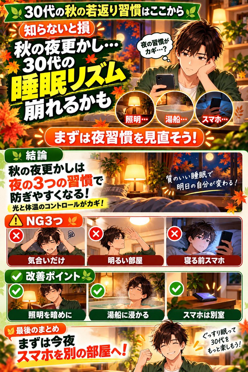 30Leafy's tweet photo. 秋の夜長についダラダラ夜更かししてしまう30代
意志じゃなくて夜の習慣が原因かもしれない

夜に強い光を浴び続けるとメラトニンが遅れて眠気が来にくくなる
照明を暖色に 湯船は寝る90分前 スマホは別の部屋へ

まずスマホを手元から離すだけでOK

#夜更かし #睡眠改善 https://t.co/AsiwbmJqsJ