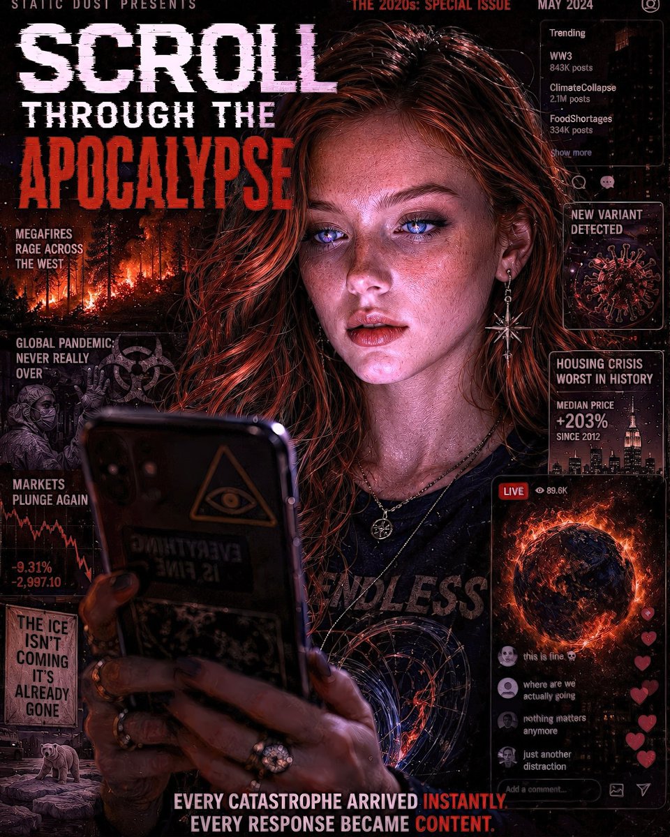 ManyDembowski's tweet photo. 2020 // SCROLL THROUGH THE APOCALYPSE

Every generation inherits a promise. This one inherited awareness. Stay informed. Stay connected. Stay updated. Until every crisis arrived through the same screen as everything else. The Countdown Collection https://t.co/SLdyeJEEpp