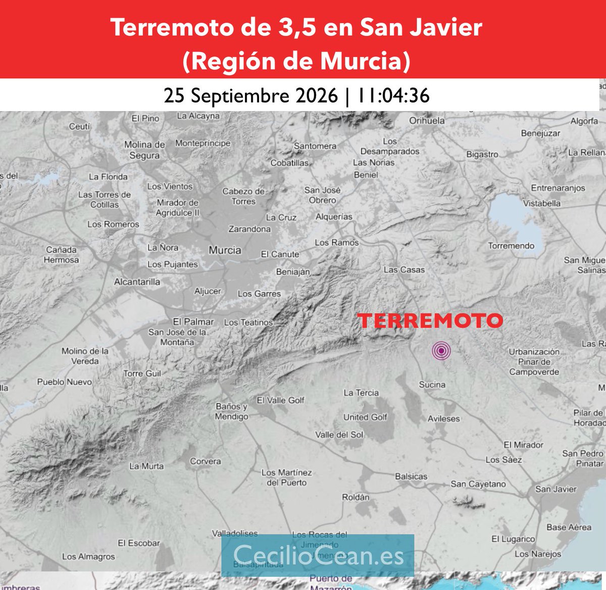 CecilioCean's tweet photo. ‼️#ÚltimaHora | #Terremoto en Murcia a las 11:04, de magnitud 3,5 en San Javier (Región de Murcia). https://t.co/wCzH2ucALJ