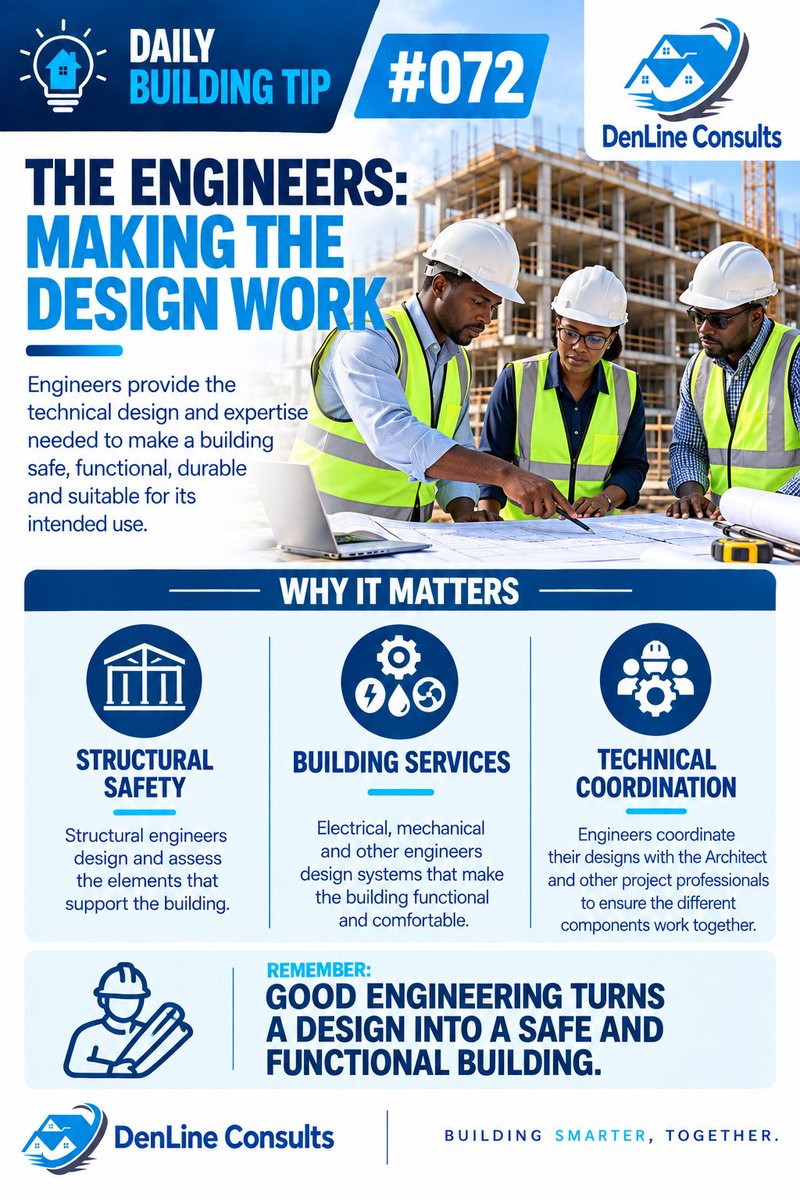 DenlineConsults's tweet photo. Engineering turns a design into a safe and functional building. Engineers provide the technical expertise that supports structural safety, building services and coordination across the project team.
#DailyBuildingTip #Engineering #Construction #BuildingServices #DenLineConsults https://t.co/IQAxQddM4J