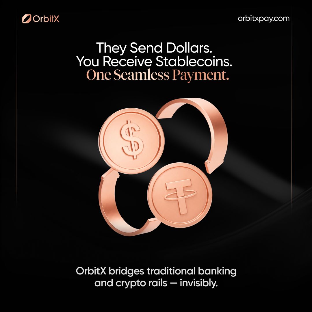 OrbitX_Pay's tweet photo. Your client clicks send in their banking app.

Their bank processes the transfer to your OrbitX USD account. The payment reaches our banking partner. Gets converted to USDT. Arrives in your self-custodial wallet.
Total time: Minutes to hours, depending on their bank.
Total steps: 5.

What you receive: USDT that you control.
What your client sees: Normal bank transfer to a business account.
What you see: Stablecoins in your wallet ready to spend, hold, or send.
Not because the process is complicated, but because it's bridging two different systems, traditional banking and stablecoin rails, in a way that makes sense to both sides.
People asking "but how does it actually work?" because they're used to financial services being black boxes.

We made it simple.
They send fiat. You receive stablecoins. Both sides stay in their comfort zone. The technology handles the translation in between.

Visit https://t.co/62C0XEPOuL to learn more.
DM us for a demo.