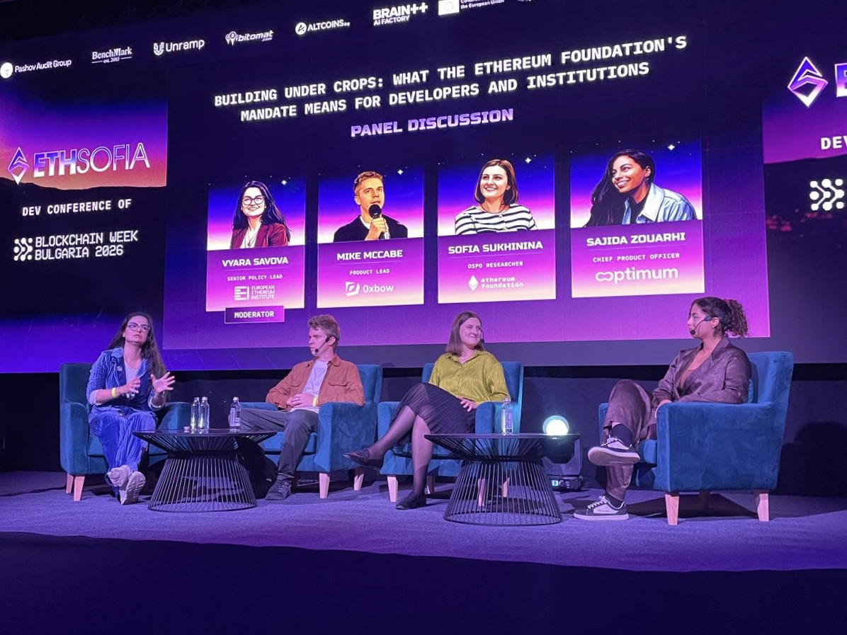 sonkiski's tweet photo. last but not least: I also had the chance to be on a panel at @ETHSofiaBG: "Building Under CROPS: What the Ethereum Foundation's Mandate Means for Developers and Institutions," moderated by @VyaraSavova (European Ethereum Institute), alongside @sajidazouarhi (Optimum) and @0xmikemcc (Privacy Pools).
what I talked about
β our team's mission: to understand and create funding mechanisms for the Ethereum ecosystem. I focus on positioning Ethereum as critical infrastructure in the broader open source ecosystem so that we can attract funding from outside crypto: from governments, organisations that support open source, and other funding and grant opportunities
β subtraction as success: the Mandate's goal is for Ethereum to work even if the EF disappeared. from our team's perspective, subtraction succeeds when funding flows into Ethereum public goods from multiple sources, not only or primarily from the Foundation. one entity sitting at the center, even one without revenue, crowds others out. if people know the EF will handle something, they don't step up
β open-weights AI: open weights sit in a grey zone. the models are free to use but you don't know what data trained it. the harder question is verification - how do you know an inference provider is actually running the model it claims to run? I'm exploring how Ethereum can become a trustless coordination layer for open frontier AI, combining payment rails, identity, and the ability for distributed actors to verify claims about one another without a central controlling body
β EU Cyber Resilience Act: compliance is becoming a real challenge for open source. the CRA introduces security and reporting obligations that touch open source projects directly, and the tension is how do you comply without introducing centralised gatekeepers? in this workstream, I'm exploring how Ethereum as an attestation layer can allow open source projects to make verifiable claims about their compliance without relying on a single authority
the rest of the panel
β Sajida spoke about whether CROPS values can travel beyond the Ethereum ecosystem to the broader blockchain space, and where censorship is actually happening today across the stack: builders, relays, RPCs, front ends
β Mike spoke about compliant privacy in practice, and why privacy and censorship resistance matter at the application layer, not as abstract principles but as concrete infrastructure choices
full recording will be available soon
for me personally, I'm glad I could give a sneak peek into the workstreams I'm working on. Ethereum should definitely serve a purpose beyond crypto: for example, becoming infrastructure for trust and verification in the broader open source ecosystem.