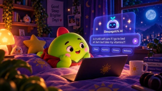 A 3D illustration of a green cartoon character using a laptop in a cozy bedroom, interacting with 'Sleepagotchi AI' which asks 'Is it still self care if I go to bed at 3am but take my vitamins?!' with options for Sleep, Nutrition, Fitness, and Wellness.