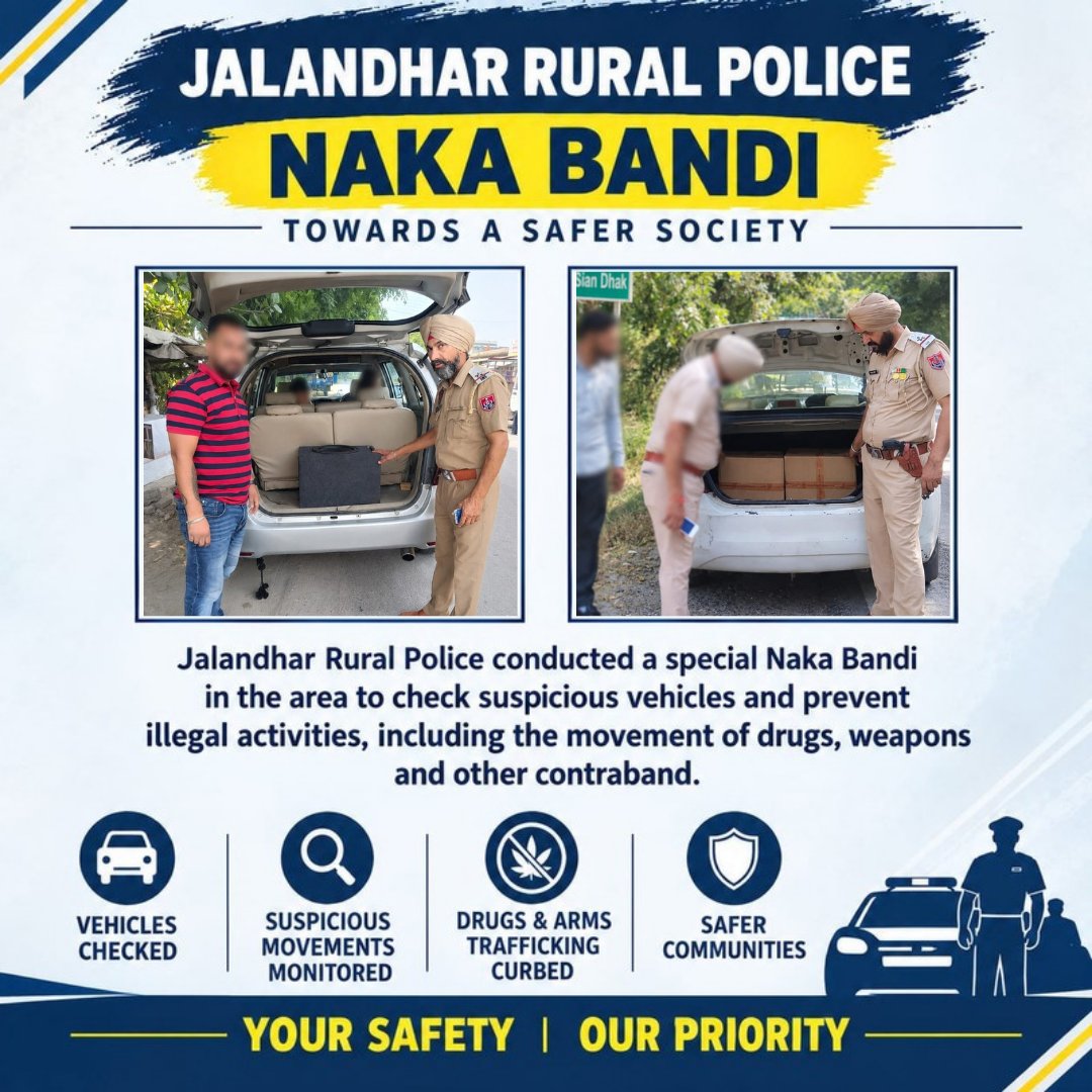 Jal_R_Police's tweet photo. 🚨 Special Checking & Naka Bandi by Jalandhar Rural Police
Dedicated to public safety, Jalandhar Rural Police conducted intensive checking operations to prevent crime and ensure a secure environment for all.
#JalandharRuralPolice #StayAlertStaySafe #PunjabPolice https://t.co/ybsRybmKSl