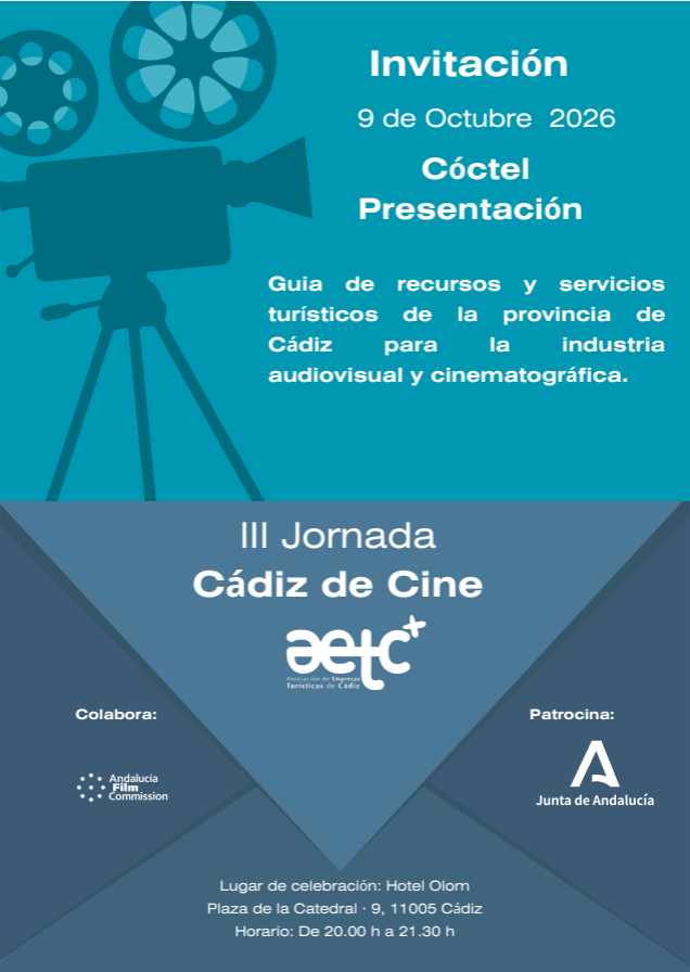 CadizTurismo's tweet photo. ¡La @AETCadiz os invita a su próximo evento! Se trata de la III Jornada Cádiz de Cine, que se celebrará el próximo 9 de octubre, en las instalaciones del Hotel Olom, en la ciudad de Cádiz. ¡No faltéis! 😀 Ya están abiertas las inscripciones en la web de la AETC: https://t.co/yrsHiHkDXO #CádizSostenibleQuiereVerte #ProvinciaDeCádiz #CádizTurismo #MagicCádiz @diputacioncadiz @GermanBeardo