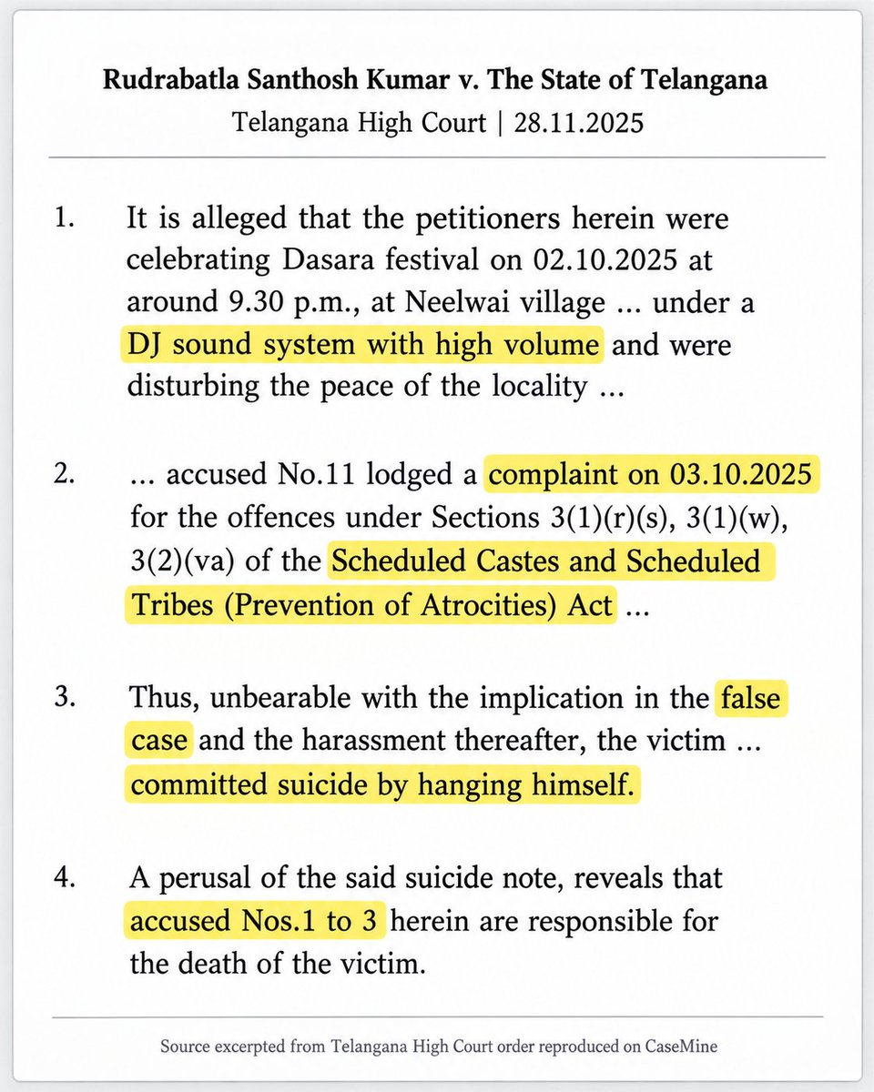 iprabhat_'s tweet photo. This is heartbreaking 😭 We failed our own people.

In Telangana, a dispute started over loud DJ music. The man complained to police. The very next day, a woman filed a Modi Act (also known as SC/ST Act) case against him.

According to the High Court record, his suicide note blamed 3 people for getting a false complaint filed against him.

Just 7 days after the FIR, he died by suicide.

What kind of constitutional justice allows an ordinary citizen to be crushed like this? If our laws and institutions can turn a minor local dispute into such a tragedy, then something is fundamentally wrong with the system.

Forget slogans about a developed India. First build a system where ordinary people are not destroyed by the laws supposedly meant to deliver justice. 😡😭

@ajeetbharti 

#ModiAct_लगाओ_पैसा_कमाओ
#ModiAct
#SCSTएक्ट
