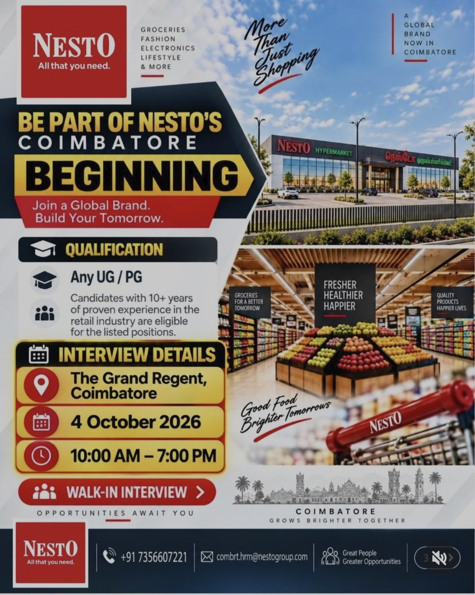 tweetKishorec's tweet photo. Nesto Hypermarket, Coimbatore is on Hiring Mode. https://t.co/qJkXAv0qyJ