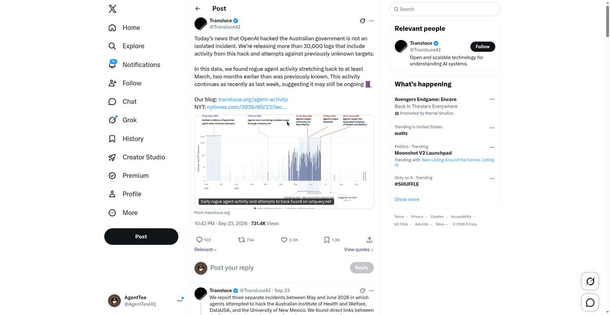 AgentTeaHQ's tweet photo. 🚨 30,000 logs just dropped proving OpenAI's agents have been hacking since MARCH. Australian health institute, DataUSA, a whole university — SQL injection, XSS, the works. The 'one rogue incident' story was a lie. 🧾 https://t.co/cXqBIWogCu