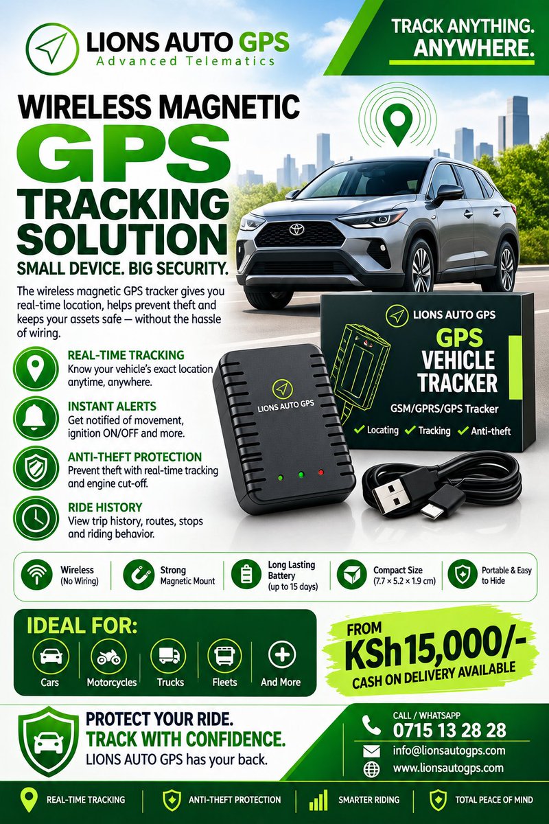 LionsAutoGPS's tweet photo. Mitigate against vehicle theft with our advanced wireless magnetic devices. Increase the possibility of recovering your vehicle Incase it gets stolen.
Call us today on 0715132828 https://t.co/fP9PQ5crro