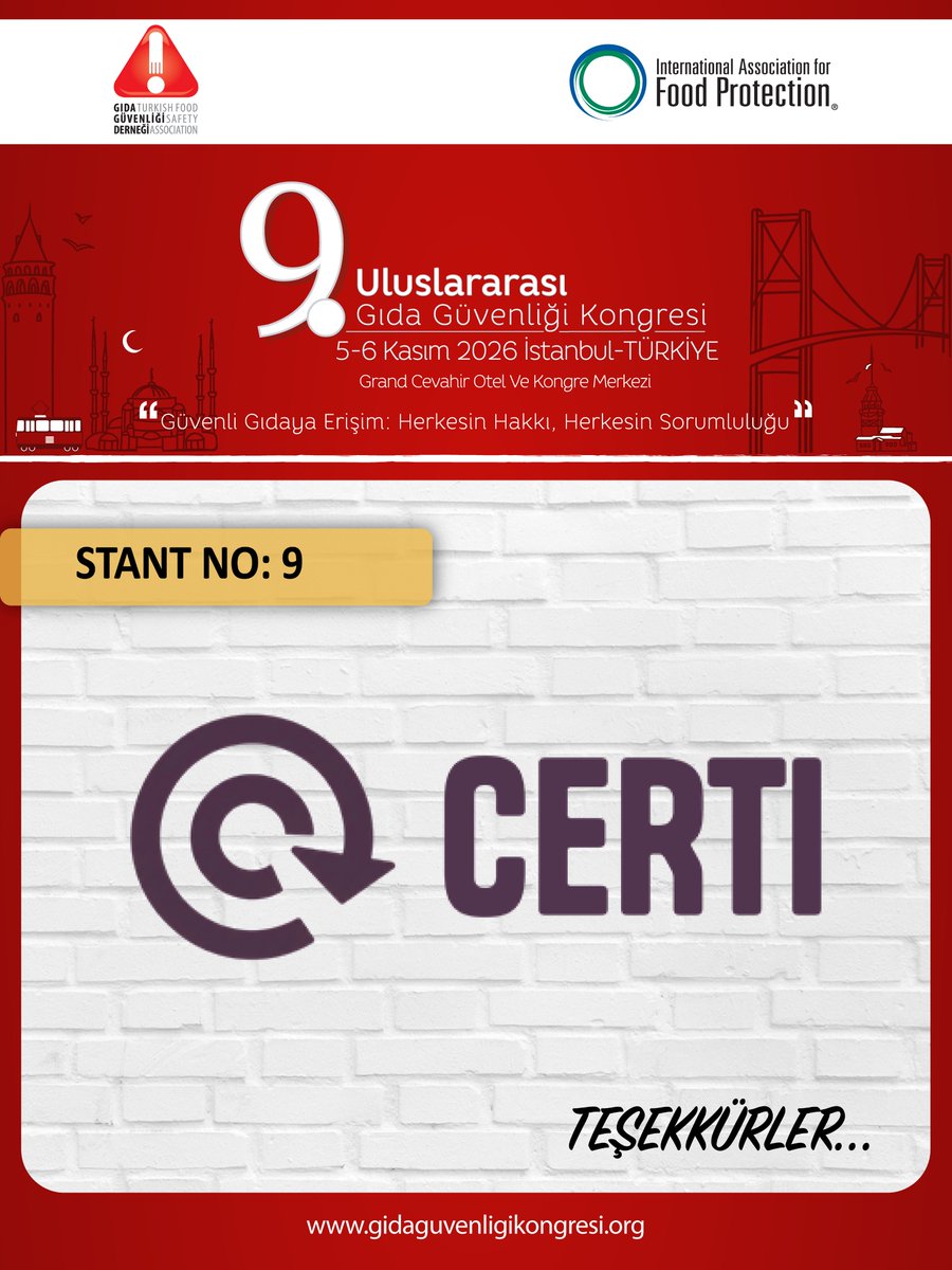 GidaGuvenligi's tweet photo. We are happy to share our “Stand Sponsor" Certi at the 9th International Food Safety Congress, which will be held at Istanbul Grand Cevahir Hotel &amp; Convention Center on 05-06 November 2026.

https://t.co/EUTBMthAwE https://t.co/wk3oHwUlrS
