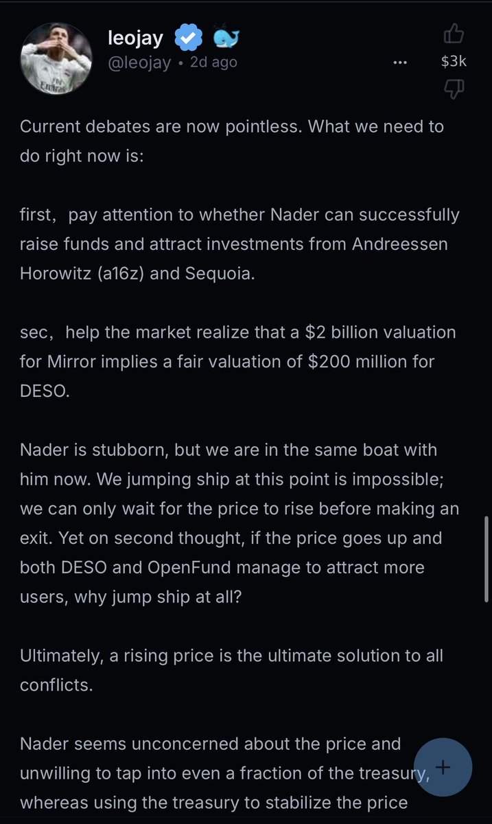 TplusZero's tweet photo. The current state of $Mirror, @desoprotocol and @nadertheory: 

Realize that this founder will never deliver anything beyond initial hype. Realize you cannot exit. Realize that the only hope is to comply and help find new innocent fools in order to exit.

cc: @a16zcrypto @sequoia @arrington @coinbase @blockchain @winklevosscap @TQVentures