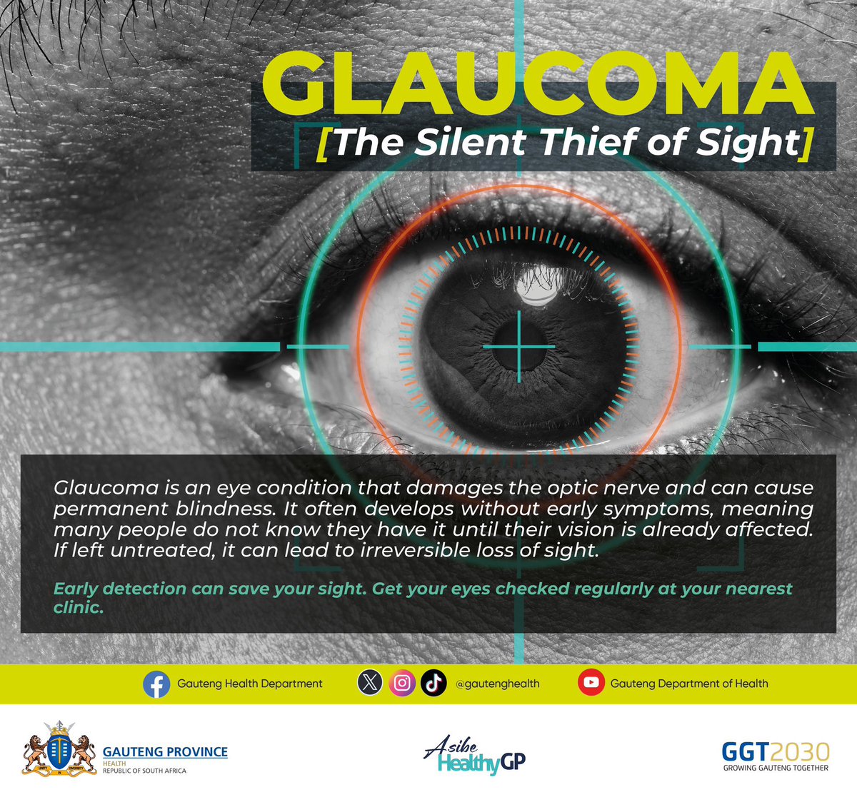 GautengHealth's tweet photo. Many people lose their sight to glaucoma without ever realising they had it. This eye condition develops quietly and can cause permanent damage before you notice any changes to your vision. Knowing about glaucoma and checking your eyes regularly is one of the best ways to protect your sight. #AsibeHealthyGP #GlaucomaAwareness #PreventBlindness
#ProtectYourVision