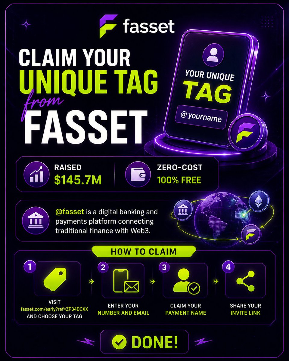 kopX_drop's tweet photo. ⚡ Claim Your Unique Tag from @fasset

«$145.7M raised

Fasset connects traditional finance with Web3.

How to claim:
1️⃣ Choose your unique tag
2️⃣ Enter phone + email
3️⃣ Claim your payment name
4️⃣ Share your invite link

✅ Done

🔗 Claim yours below 👇https://t.co/G5f3aQNMTK https://t.co/JKeGGVunJ8