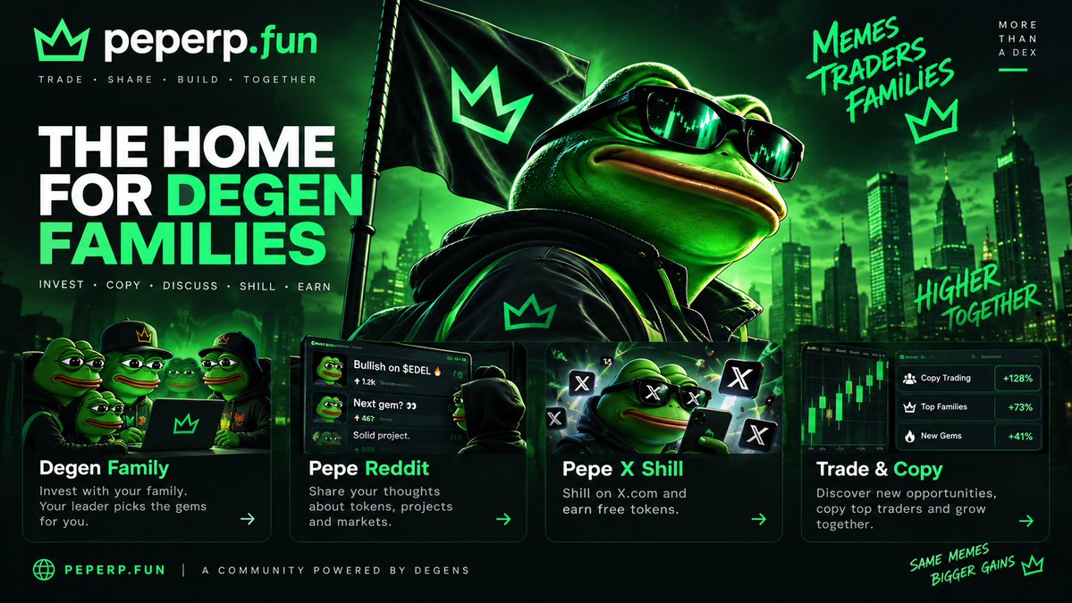 peperpfun's tweet photo. 🚀 https://t.co/xlY3Z3KhLG — your all-in-one crypto ecosystem.

Why jump between 10 different platforms when you can have everything in one place?

⚡ DEX Launchpad  + 100x Perpetuals
Trade new crypto with leverage up to 100x.

👨‍👩‍👧‍👦 Family Investing
Create or join an investment Family. The Family Leader searches for opportunities, selects tokens and manages allocated capital while members participate together.

📢 Shill & Earn
Projects can reward users for promoting them on social media. Discover campaigns, complete requirements, shill projects you believe in and earn rewards.

🔮 Prediction Markets — coming soon
Trade your opinion on real-world events, crypto, markets and more.

📊 DEX Tools — coming soon
Charts, token data, market activity and tools designed to help you find opportunities faster.

And this is only the beginning.
One ecosystem.
Traders. Investors. Communities. Projects.

🌐 https://t.co/GLH9x2WYYy

Built for the next crypto cycle. 🐸🔥

#Crypto #DeFi #Perpetuals #Trading #Altcoins #Memecoins #DEX #PredictionMarkets #Web3 #CryptoTrading