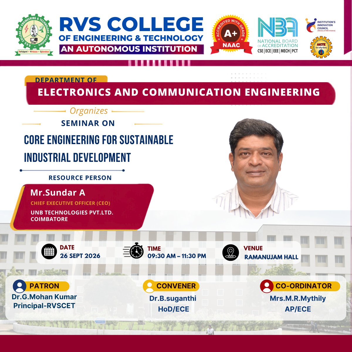 rvscet_cbe's tweet photo. 🌍 Engineering for a Sustainable Tomorrow!

The ECE Department at RVSCET is bringing you an insightful Seminar on "Core Engineering for Sustainable Industrial Development"! 🏭

📅 26 September 2026
🕘 09:30 AM – 11:30 PM
📍 Ramanujam Hall

#RVSCET #ECE #CoreEngineering https://t.co/We9qUjq2CJ