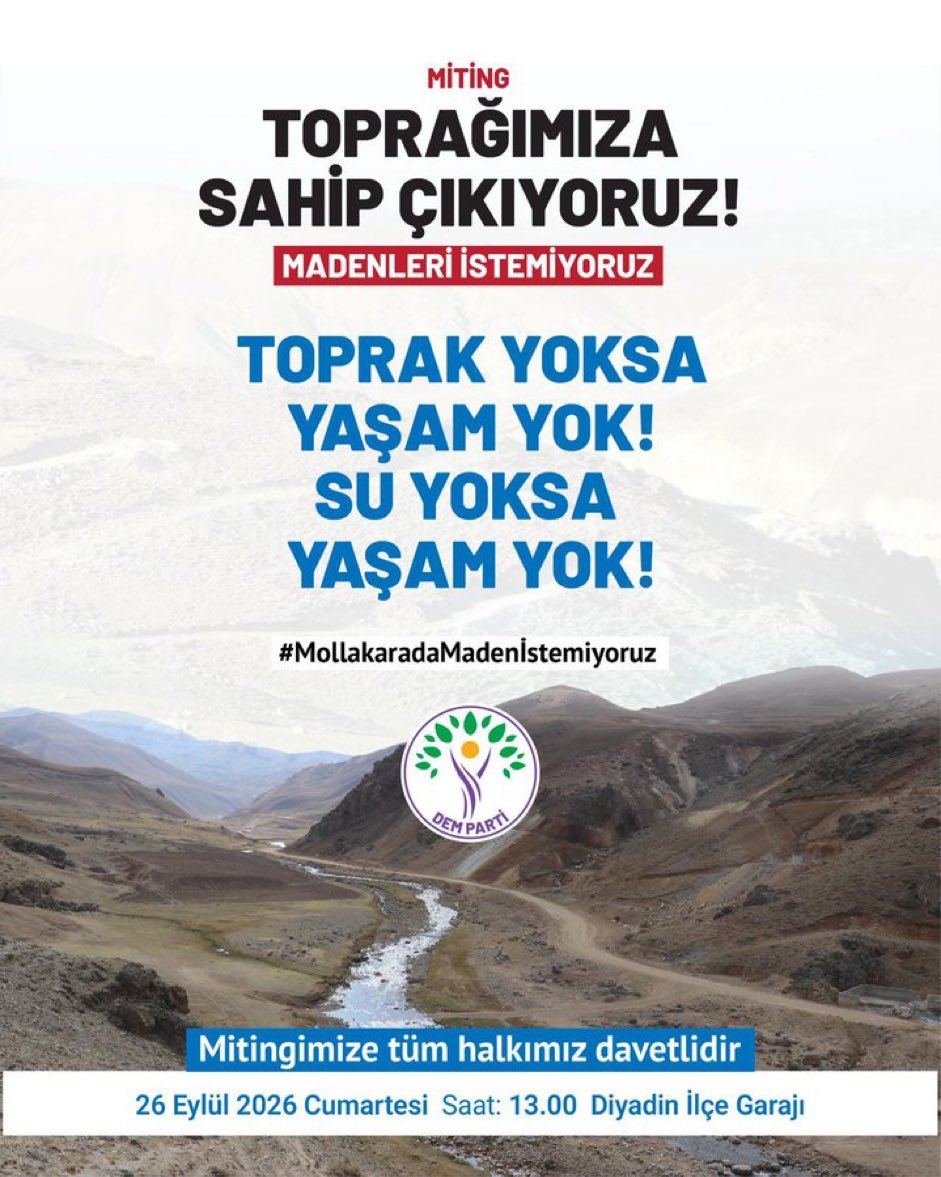 doganerbas2144's tweet photo. Özellikle de son yıllarda giderek artan biçimde,tekelci maden şirketlerinin azami karları uğruna talan ettikleri doğamızı korumak en önemli görev ve sorumluluğumuzdur. 
#Ağrı
#Diyadin 
#Miting https://t.co/dgBrfIm8Ch