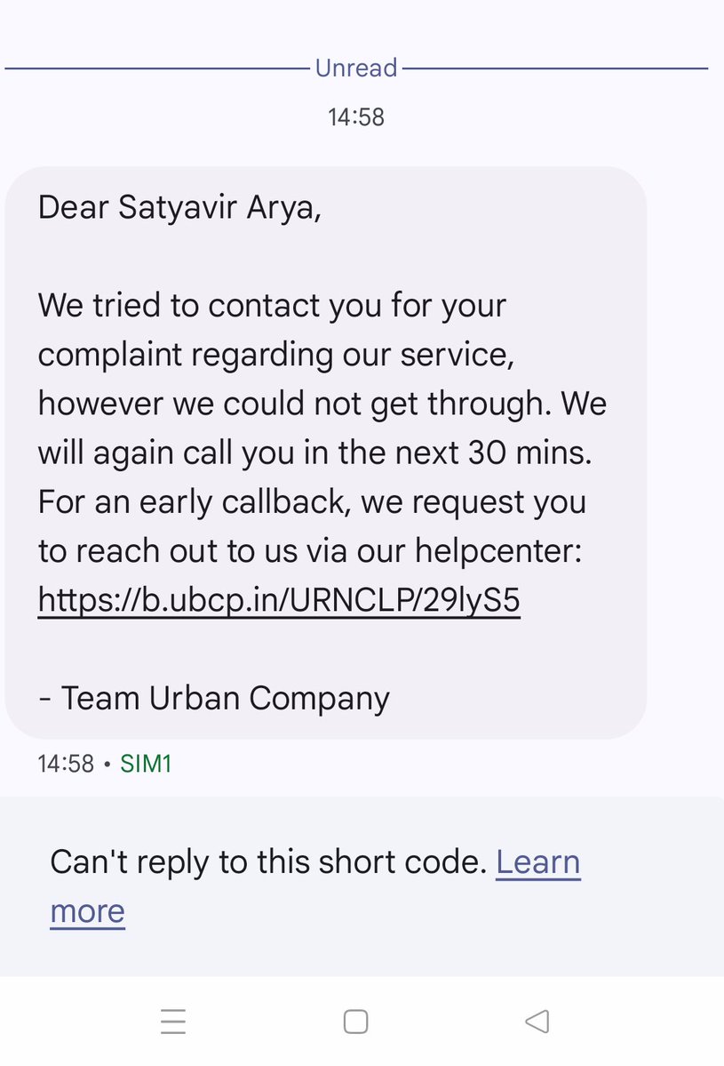 SATYAVIRARYA's tweet photo. @UC_Assist @urbancompany_UC @jagograhakjago @PralhadJoshiOfc @JoshiPralhad What a blatant lie.  

Your SMS at 14:58 claims “We tried to contact you… however we could not get through.”  

No one contacted me. No missed call, no message, nothing.  

Stop sending template messages and resolve this properly. Escalate and fix it ASAP.  

Enough is enough. https://t.co/f8Ihn3r19s