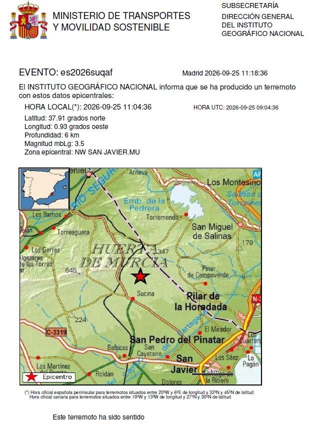 112rmurcia's tweet photo. El teléfono de emergencias 1-1-2 ha recibido 35 llamadas por un terremoto sentido esta mañana en #Murcia. Ninguna ha reportado daños .

El @IGN_Sismologia confirma movimiento sísmico a las 11:04 horas con epicentro al NE del término municipal de San Javier, cerca de Sucina, de magnitud 3.5 .