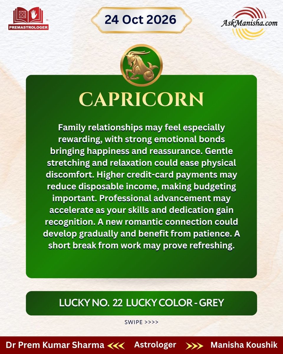 premastrologer's tweet photo. Daily Horoscope for 24th Oct’ 2026

#Saggitarius #Capricorn #Aquarius #Pisces #Dailyhoroscope

To check your sign pls click the link below:

https://t.co/3bV9c0hu5v

For personal consultation at +919216141456 https://t.co/kVFen3AQUD