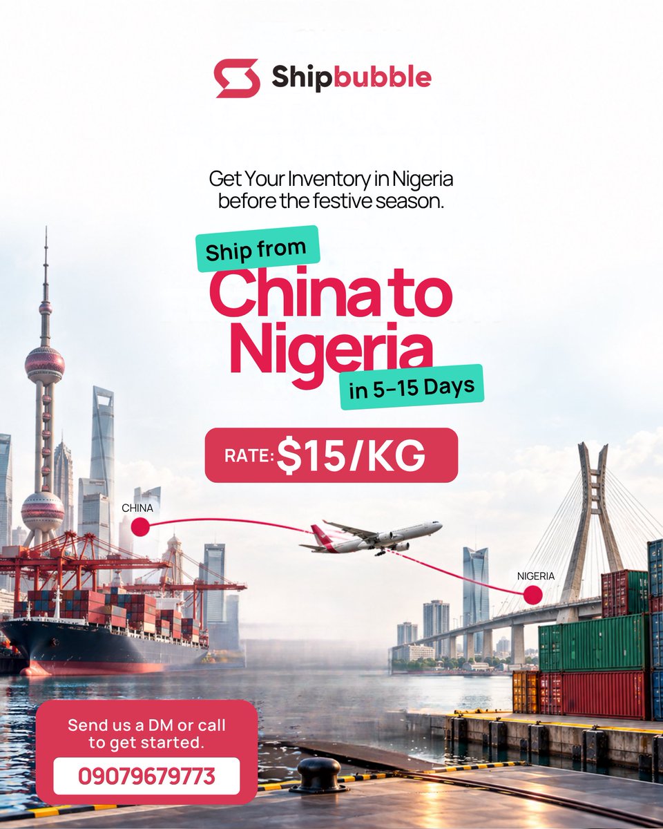 Shipbubble's tweet photo. For inquiries, call - 09079679773

Offer ends 31st October, 2026. Reach out to us to get started now. 

#chinatolagos #internationalshipping #shipping #fyp #shipfromchina https://t.co/D4zVS4kcVg