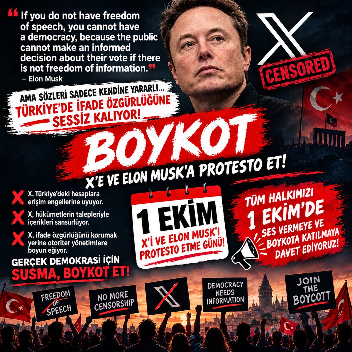 Haseristan4's tweet photo. Tek tek paylaşım yaparak olmuyor arkadaşlar. Bunu dünya gündemine sokmak gerek. O yüzden toplu halde hareket etmeli ve “X’i insanlar özgürce konuşabilsin diye satın aldım” diyen zengin şımarığa hatırlatmak gerek. 

1 EKİM 2026

Yapay zeka kullan, internetten bul indir, kendin yaz, çiz hazırla ve nasıl yaparsan yap ama en az 5 twitlik paylaşım hazır et. Herkes 5 twit hazırlasın. Dünyaya Türkiye’de uygulanan kanunsuz HAK İHLALLERİNİ duyurmaya hazır ol.
Sen de herkesi 1 EKİM’e davet et.