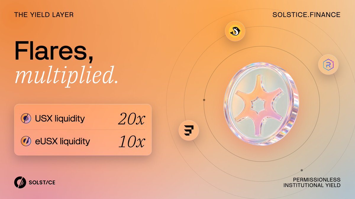 solsticefi's tweet photo. Flares multipliers for liquidity providers:

USX: 20x
eUSX: 10x

Same rates on @orca_so, @Raydium, and @ExponentFinance.

All pools linked below. https://t.co/FrmCpirO1U