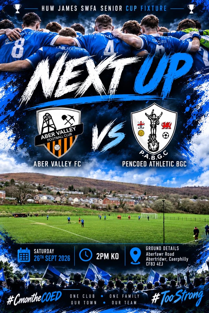 PencoedAthBGC's tweet photo. β½οΈπ΅π Next up
π Aber Valley FC
π Abertridwr Park
π Saturday September 26th
β° 14:00
π Huw James SWFA senior cup
#CmontheCOED π΅β½οΈ #TooStrong https://t.co/RWDBpVhzES