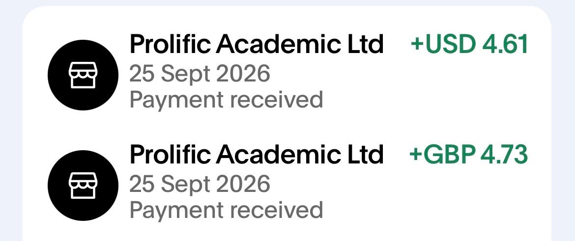 MoolahxKing's tweet photo. A small research payout just landed 🔬 We received USD 4.61 and GBP 4.73 from Prolific Academic for sharing opinions in paid research studies. Payment proof below 💸
Read more: https://t.co/R3WSjzBmXp
#Prolific https://t.co/3CCW3XQkEP