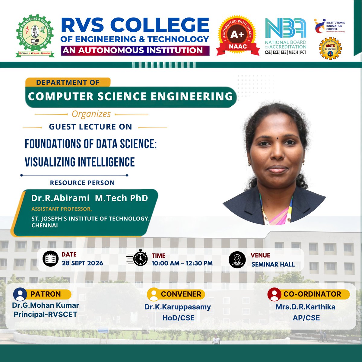 rvscet_cbe's tweet photo. 🌟 Learn Data Science from an Expert!

RVSCET's Department of CSE is organizing a Guest Lecture on "Foundations of Data Science: Visualizing Intelligence."

🗓️ Mark your calendars: 28 September 2026
📍 Venue: Seminar Hall

#RVSCET #CSE #DataScience #GuestLecture https://t.co/LSG99jbZga