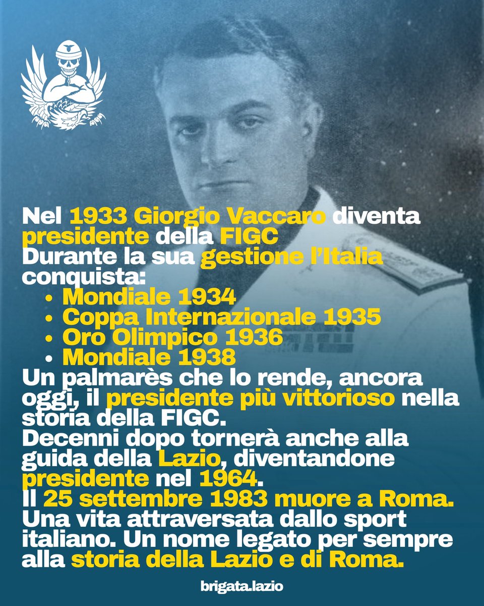 BrigataLazio's tweet photo. 43 anni fa moriva Giorgio Vaccaro, l’uomo che ci regalò la vittoria più importante della nostra storia: scegliere di non essere come loro e restare la Lazio.

Nel 1927, mentre Alba-Audace, Fortitudo-Pro Roma e Roman venivano fuse per dare vita all’A.S. Roma, qualcuno pensò che anche la Lazio dovesse finire dentro quel progetto.

Giorgio Vaccaro disse no.

La Lazio esisteva già dal 1900. Aveva un nome, dei colori, una storia e un’identità. Non aveva bisogno di essere “costruita a tavolino”, né di fondersi con altri per trovare una propria ragione d’essere.

Da una parte una nuova squadra, nata da una fusione e senza una propria storia. Dall’altra la Lazio, che quella storia ce l’aveva già.

Vaccaro difese tutto questo.

Poi sarebbe diventato il presidente più vittorioso della storia della FIGC e, nel derby del 1931, rispose al romanista De Micheli con un sonoro ceffone.

Ma per noi la sua vittoria più grande resta quella del 1927.

Grazie Generale, ogni singolo Laziale ti sarà grato per sempre.