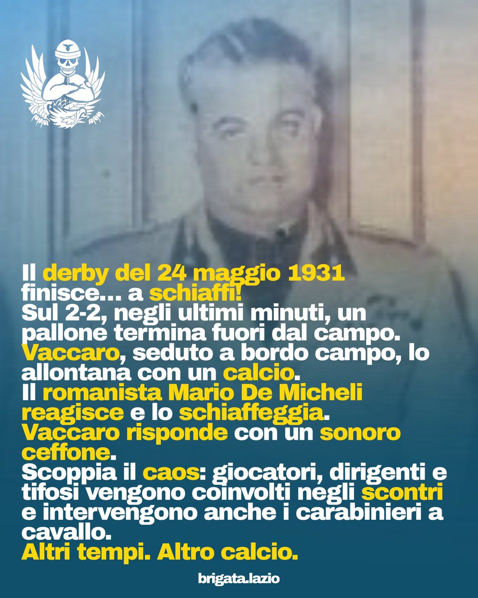 BrigataLazio's tweet photo. 43 anni fa moriva Giorgio Vaccaro, l’uomo che ci regalò la vittoria più importante della nostra storia: scegliere di non essere come loro e restare la Lazio.

Nel 1927, mentre Alba-Audace, Fortitudo-Pro Roma e Roman venivano fuse per dare vita all’A.S. Roma, qualcuno pensò che anche la Lazio dovesse finire dentro quel progetto.

Giorgio Vaccaro disse no.

La Lazio esisteva già dal 1900. Aveva un nome, dei colori, una storia e un’identità. Non aveva bisogno di essere “costruita a tavolino”, né di fondersi con altri per trovare una propria ragione d’essere.

Da una parte una nuova squadra, nata da una fusione e senza una propria storia. Dall’altra la Lazio, che quella storia ce l’aveva già.

Vaccaro difese tutto questo.

Poi sarebbe diventato il presidente più vittorioso della storia della FIGC e, nel derby del 1931, rispose al romanista De Micheli con un sonoro ceffone.

Ma per noi la sua vittoria più grande resta quella del 1927.

Grazie Generale, ogni singolo Laziale ti sarà grato per sempre.