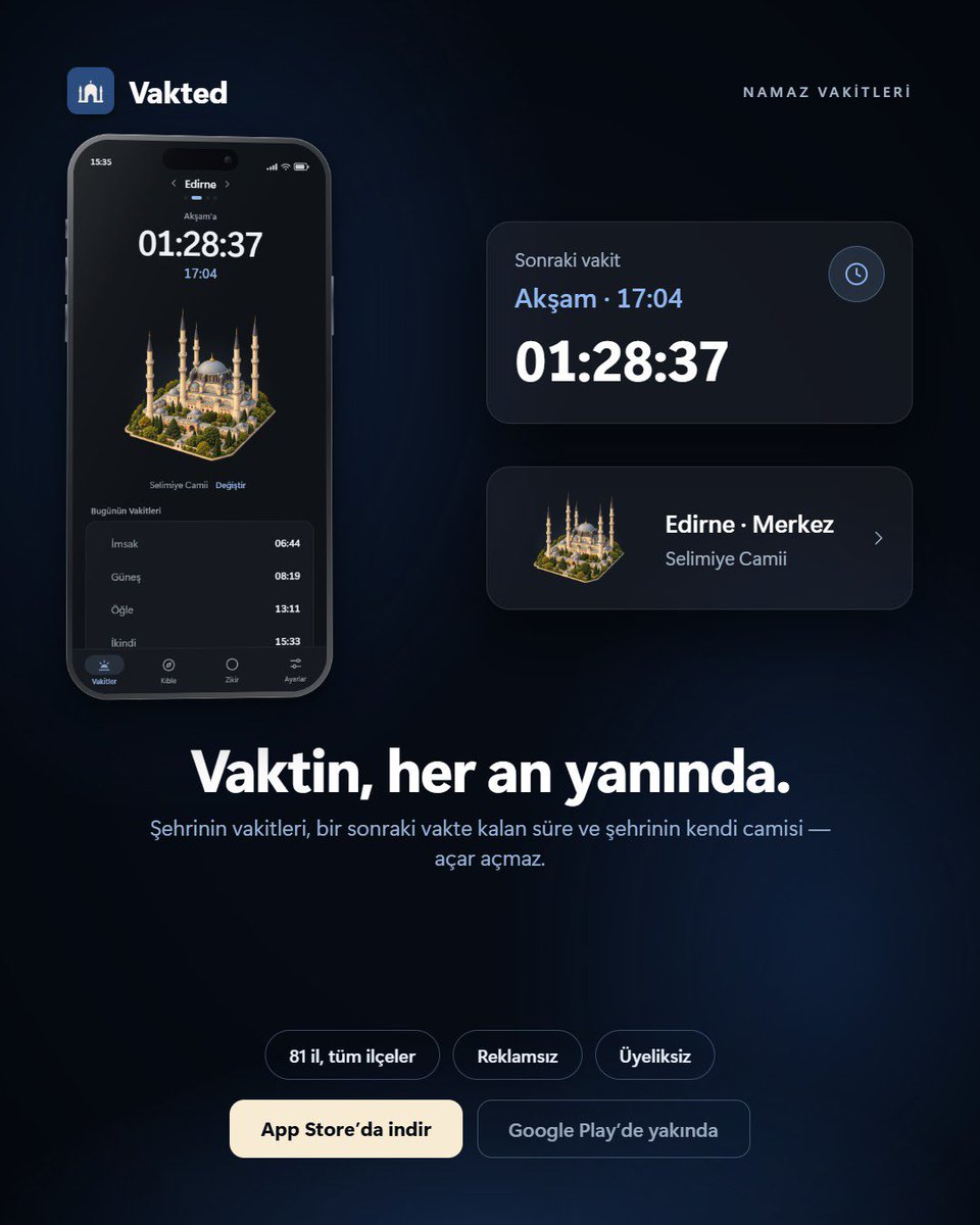 saidakca_'s tweet photo. Namaz vakti uygulamalarındaki reklamlardan sıkılanlar için sade, kullanışlı bir uygulama: Vakted 🕌

Ömür boyu ücretsiz, reklamsız, aboneliksiz. iOS ve Android’de.

Geliştirmemi veya değiştirmemi istediğiniz şeyler varsa geri bildirimlerinizi bekliyorum. https://t.co/GidWS1Ez0P