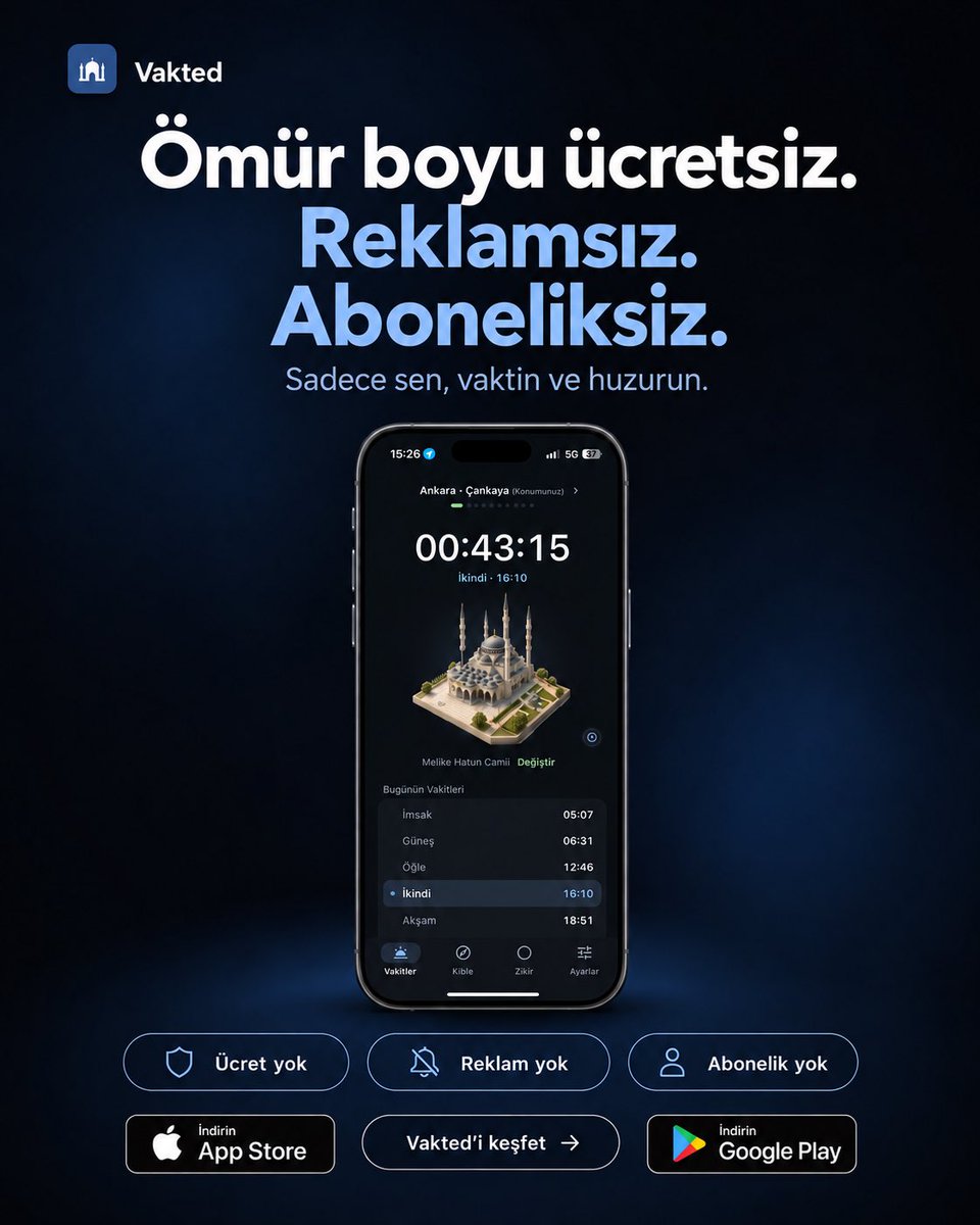 saidakca_'s tweet photo. Namaz vakti uygulamalarındaki reklamlardan sıkılanlar için sade, kullanışlı bir uygulama: Vakted 🕌

Ömür boyu ücretsiz, reklamsız, aboneliksiz. iOS ve Android’de.

Geliştirmemi veya değiştirmemi istediğiniz şeyler varsa geri bildirimlerinizi bekliyorum. https://t.co/GidWS1Ez0P