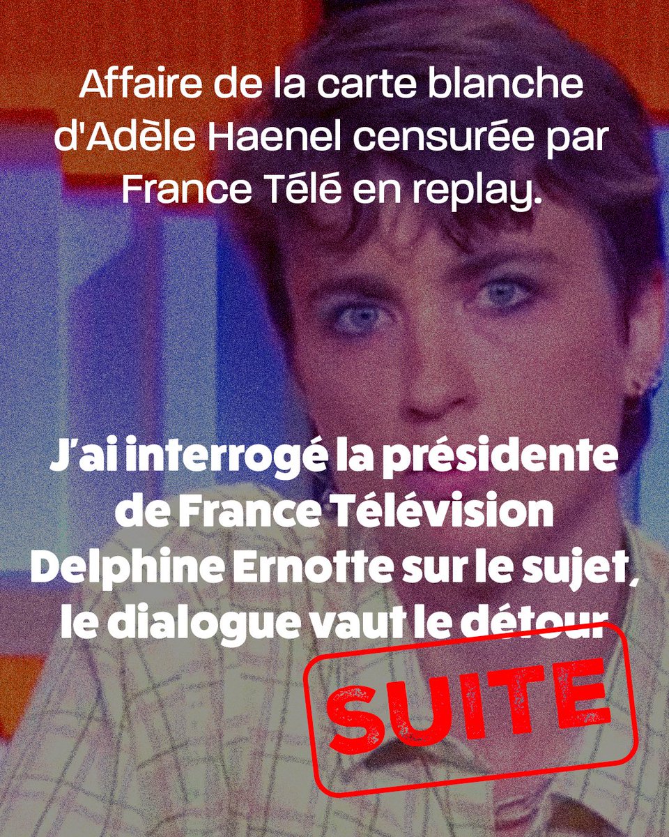 CaronAymericoff's tweet photo. ⚠️ Affaire de la carte blanche d’Adèle Haenel censurée par France Télé en replay - SECONDE PARTIE DES ÉCHANGES.

Mardi dernier, dans le cadre de mon rapport annuel sur l’audiovisuel public, j'auditionnais la présidente de France Télévisions @DelphineErnotte. Elle était accompagnée du secrétaire général de FTV Christophe Tardieu et de son directeur de cabinet Baptiste Rossi.

Il est important de préciser que ce dernier écrivait jusqu'à récemment les discours d'Emmanuel Macron. Il avait été recommandé à ce poste par Bernard-Henri Lévy. Rossi ne cache rien de cette proximité. Il a affirmé à Libé : "Je dois beaucoup à BHL".

La première partie de nos échanges a pu surprendre, mais la suite est tout aussi étonnante :

AC : "Mme la présidente, avez-vous été consultée avant la dépublication du replay de la carte blanche d’Adèle Haenel?

DE : Non, j’en ai été informée après, mais je soutiens cette décision.

AC : Alors qui a demandé et décidé cette suppression du replay?

DE & CT : …

AC : J’aimerais comprendre la chaîne de décision qui amène à supprimer cette séquence du replay. Qui alerte qui? Qui décide de quoi?

DE & CT : On vous le répète, c’est parce que nous avons reçu des plaintes de téléspectateurs.

AC : Mais contrairement à ce qui a été dit, ce ne sont pas les plaintes de l’ARCOM qui vous ont alertés car vous n’avez aucun contact à ce moment là avec l’ARCOM.

DE & CT : Non, nous n’avons pas eu de contact avec l’ARCOM mais compte tenu des messages que nous recevons, nous comprenons qu’il va y avoir beaucoup de saisines de l’ARCOM.

AC : Vous m’expliquez donc que vous prenez une décision par anticipation d’une situation dont vous ne connaissez pas la réalité… je repose la question: qui a pris cette décision? Je m’interroge car je me souviens que la directrice de la communication de France Télé a eu un contact direct avec la députée Caroline Yadan, laquelle avait demandé la suppression d’un bandeau sur les « otages palestiniens » sur France InfoTv.

DE & CT : le bandeau n’a pas été retiré parce que Caroline Yadan l’a demandé…

AC: Ah bon? Votre directrice de communication a quand même pris la peine de la rassurer sur les réseaux, en l’appelant « Caroline » et en lui envoyant un cœur  …

DE & CT : Ça n’a rien à voir.

AC : Puisqu’on reparle de cette affaire, Caroline Yadan avait aussi demandé sur les réseaux le renvoi de la personne qui avait rédigé le bandeau, or j’ai appris par les syndicats que la personne en question a bien été sanctionnée.

CT : Ce n’est pas vrai, elle n’a pas été sanctionnée.

AC : Si.

CT : Non.

AC : Si, il s’agit d’un pigiste qui n’a plus jamais travaillé pour vous.

CT : Il n’a pas été sanctionné.

AC : Si, vu qu’il n’a plus jamais travaillé pour vous.

CT : Il n’a pas été sanctionné, c’est juste que son contrat n’a pas été renouvelé.

AC : Vous ne lui renouvelez pas son contrat mais il n’est pas viré, c’est original.

Baptiste Rossi (qui lève les yeux au ciel depuis quelques minutes) : Et vous pensez que c’est sur intervention de Caroline Yadan, c’est vraiment n’importe quoi !

AC : Avouez que la coïncidence est quand même troublante. Permettez-moi de vous reposer la question: qui a pris la décision de dépublier le replay de la carte blanche d’Adèle Haenel?

DE : C’est moi qui ai pris cette décision, pour tout ce qui se passe à  France Télé c’est moi la responsable.

AC : Que vous soyez responsable en tant que dirigeante de France Télé ok, mais qui a pris la décision?

DE : C’est moi.

AC : Ce n’est pas vous, vous m’avez affirmé l’inverse il y a 5 minutes.

DE : Ce n’est pas vrai."