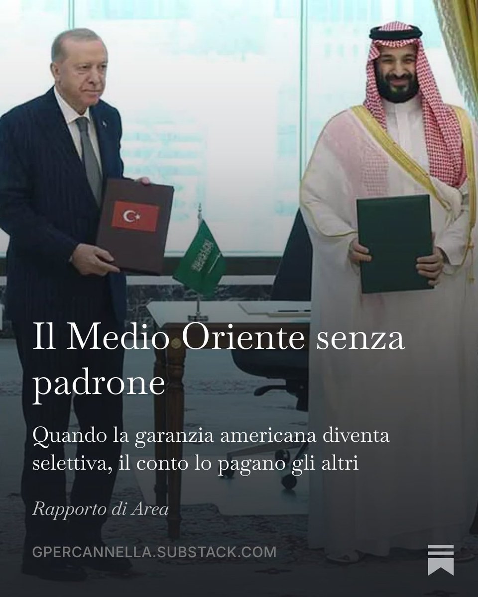 gpercannella's tweet photo. Il Medio Oriente attraversa una fase di interregno: la garanzia di sicurezza americana, che per trentacinque anni ha tenuto insieme l’ordine regionale, si è fatta selettiva. Gli Houthi non sono la causa di questa crisi, ne sono il sintomo più visibile. https://t.co/yHEHLONJpE