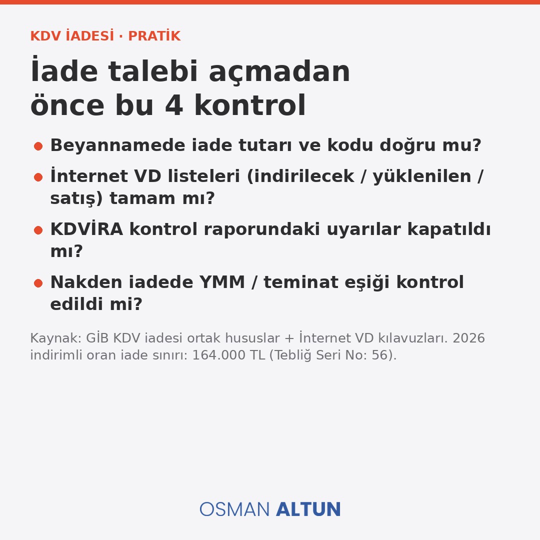 enesosmanaltun's tweet photo. KDV iadesi: beyanname kodu + İnternet VD listeleri + KDVİRA uyarıları + YMM/teminat eşiği.
2026 indirimli oran iade alt sınırı: 164.000 TL.
#KDV #SMMM #GİB https://t.co/6u44e5Mgau
