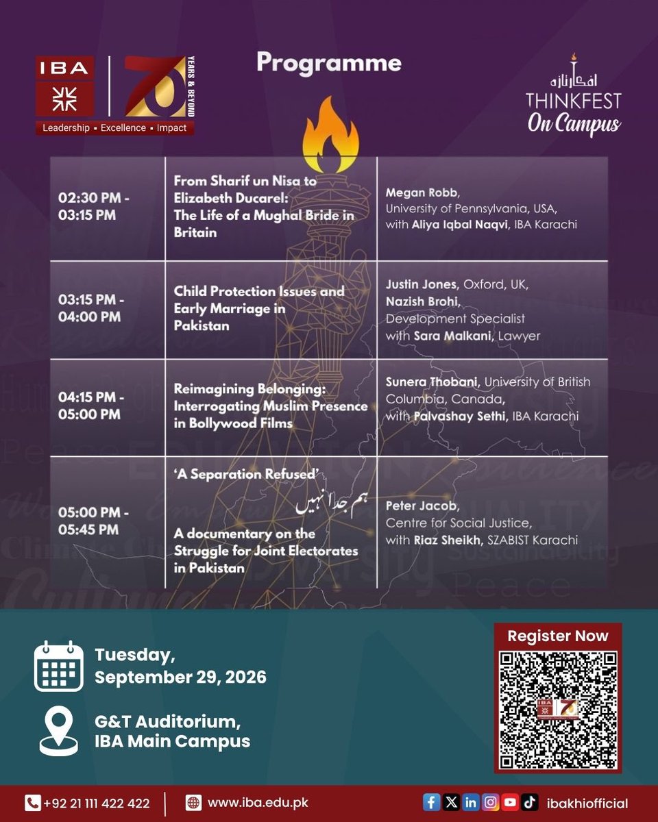 ibakhiofficial's tweet photo. ThinkFest on Campus Brings Leading Voices to IBA

IBA Karachi invites its faculty, students and staff to ThinkFest on Campus, bringing together leading academics and policymakers to explore important academic and policy issues through meaningful dialogue.

With three academic panels and one policy panel, the event creates a platform for thoughtful conversations, diverse perspectives and exchange of ideas, organized by the IBA School of Economics & Social Sciences (SESS).

Outsiders can register: https://t.co/fStmztPKBE

#IBAKarachi #SESS #ThinkFest #Ideas #Policy #Leadership #Excellence #Impact