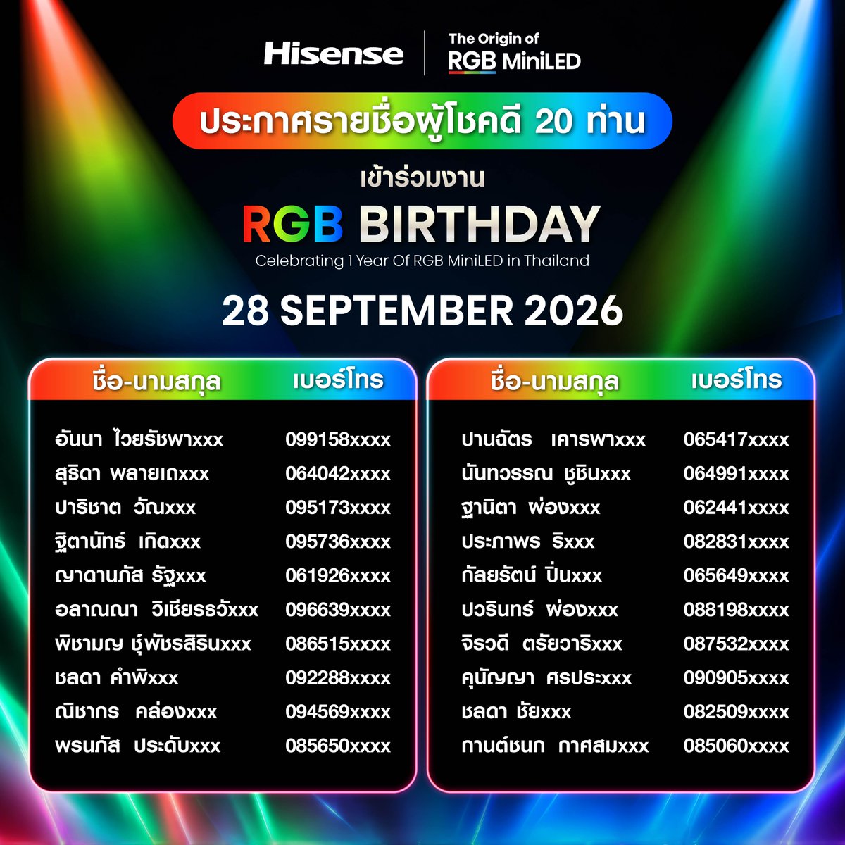 HisenseThailand's tweet photo. 🎉 ประกาศรายชื่อ Lucky Fans ได้สิทธิ์เข้าร่วมงาน HISENSE 1st RGB BIRTHDAY! 🎉
ขอแสดงความยินดีกับผู้โชคดีทั้ง 20 ท่าน ที่สามารถทายชื่อศิลปินปริศนาได้ถูกต้อง พร้อมส่งคำตอบสุดประทับใจ จนได้รับเลือกจากคณะกรรมการให้มาร่วมสร้างโมเมนต์พิเศษในงาน RGB Birthday กับ “นานิ หิรัญกฤษฎิ์” อย่างใกล้ชิด 💚
รายละเอียดการเข้าร่วมงาน
16:00–16:30 น. ลงทะเบียนเข้าร่วมงาน
17:00–18:15 น. กิจกรรม HISENSE RGB BIRTHDAY
แล้วมาเจอกันในงาน HISENSE RGB BIRTHDAY
📍 The Sky Hall, Dusit Central Park ชั้น 1
📅 28 กันยายน 2569
⏰ เริ่มงาน 16.30 น.
📍ใครที่พลาดไป ไม่ต้องเสียใจเรายังเปิดพื้นที่สำหรับ FAN ZONE ให้ได้มาร่วมเป็นส่วนหนึ่งของบรรยากาศ HISENSE 1st RGB BIRTHDAY อย่างใกล้ชิด ติดตามรายละเอียดเร็วๆนี้
เงื่อนไขการเข้าร่วมงาน
- ผู้โชคดีทั้ง 20 ท่าน จะได้รับสิทธิ์เข้าร่วมงานและรับชมกิจกรรมบนเวทีเท่านั้น โดย ไม่มีสิทธิ์เข้าร่วมกิจกรรมหรือเล่นกิจกรรมใดๆ กับศิลปิน
- ผู้โชคดีทั้ง 20 ท่าน จะจับฉลากเลือกที่นั่ง ณ จุดลงทะเบียนหน้างาน
- กรุณามาลงทะเบียนภายในเวลาที่กำหนด และนำบัตรประชาชนหรือเอกสารที่ออกโดยราชการที่มีชื่อตรงกับโพสต์ประกาศ เพื่อยืนยันสิทธิ์เข้าร่วมงาน
- คำตัดสินของคณะกรรมการถือเป็นที่สิ้นสุด และเป็นไปตามเงื่อนไขที่บริษัทฯ กำหนด
แล้วมาร่วมฉลอง RGB Birthday ไปด้วยกัน! 💚
#HisenseThailand #HisenseRGBMiniLED #HisenseRGBMiniLEDxNani #RGBBirthday #TheOriginOfRGBMiniLED #Hirunkit_ #InnovatingABrighterLife #quality #technology #โคตาเอะ #ไฮเซ่นส์ #quality #technology