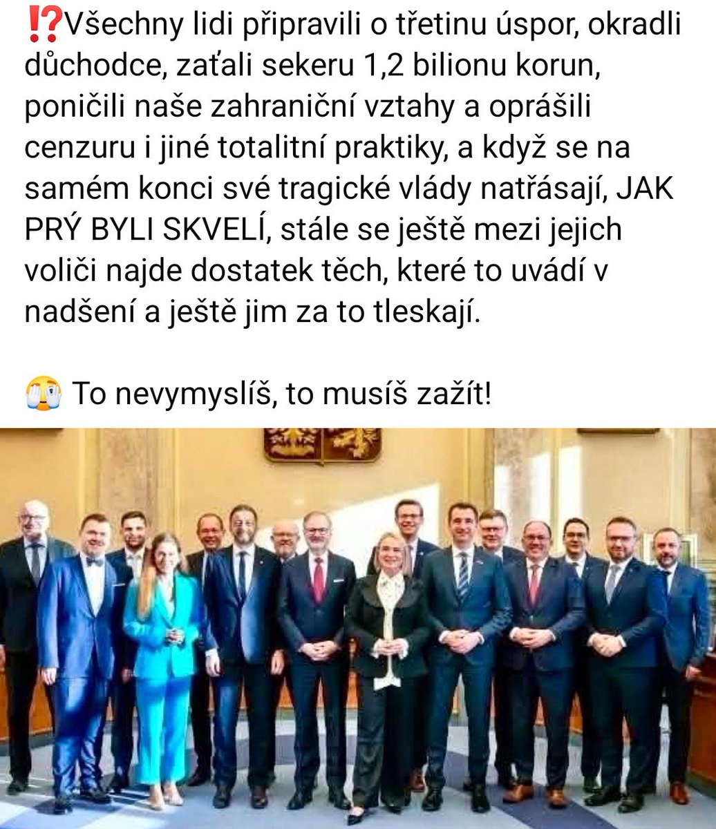 Standa18152836's tweet photo. @m_o_havel @TOP09cz Opozice je největší parta zoufalců. Zadlužili stát, kradli a ještě budou házet klacky pod nohy vládě, kterou si občané zvolili. Z takových lidí se mi chce 🤮🤮🤮 https://t.co/gyjVqYV8X4